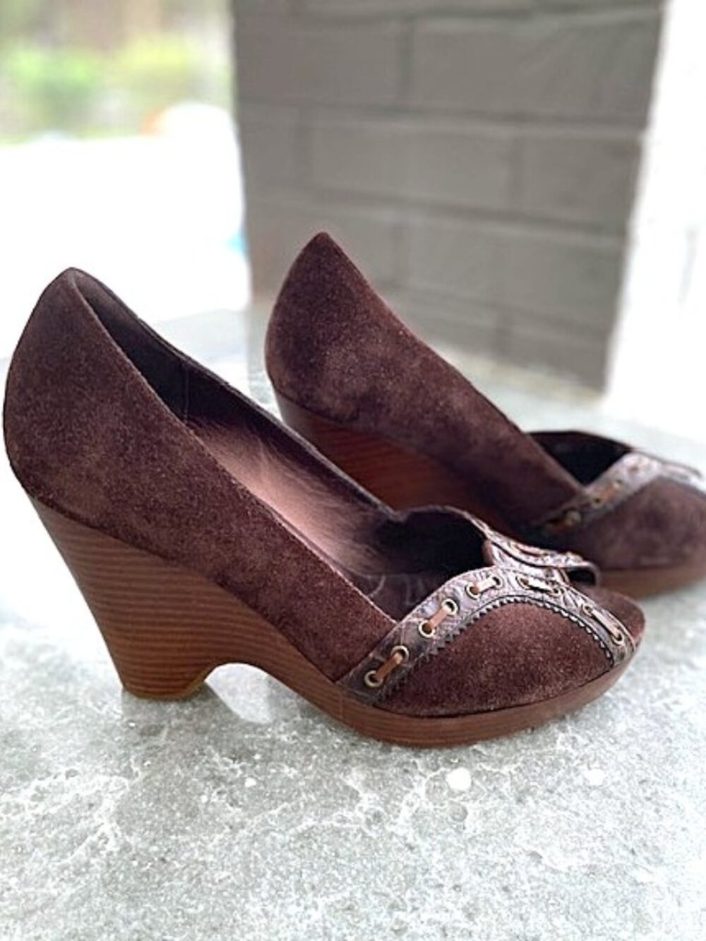 Cole Haan Women's Brown Suede Leather Peep Toe Platform Wedge Shoes Sandals 7.5
